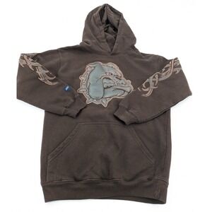 Vintage 90s JNCO Jeans Bulldog Hoodie Medium Brown Tribal Flame Sleeve Y2K Skate